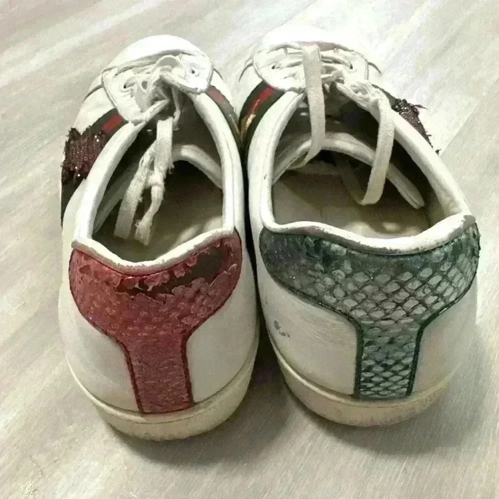 Gucci Ace Sneakers Mens 8 White Leather Crystal Lightning Bolt Web Stripe 433738